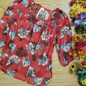 LC Lauren Conrad Red Gold Floral Pleated Top